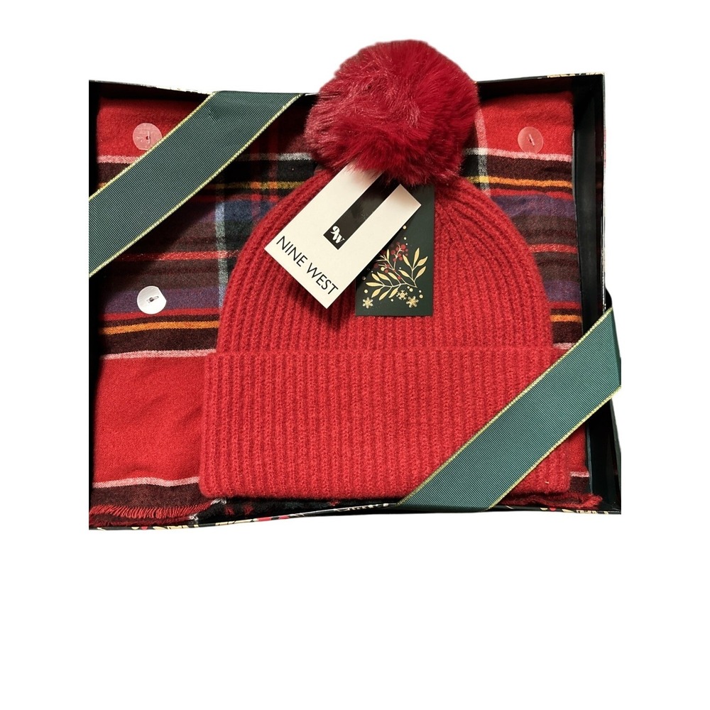 Nine West Scarf And Faux Fur Pom Beanie Set, Brand New In Box, Red Plaid Winter